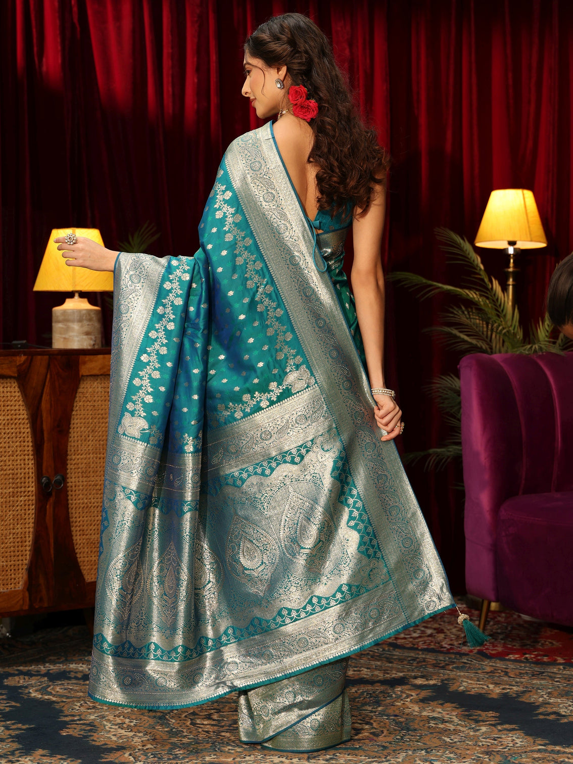 Mameraa Turquoise Blue Woven Design Silk Blend Saree