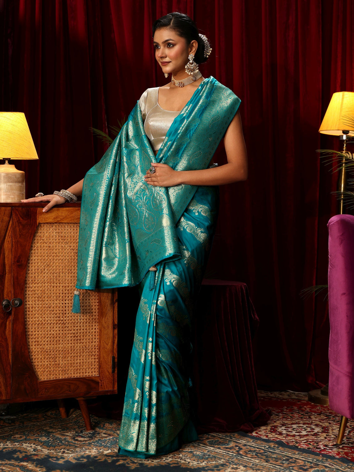 Mameraa Navy Blue Banarasi Silk Blend Saree
