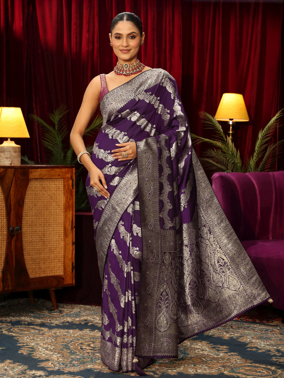 Mameraa Wine Floral Woven Design Silk Blend Saree
