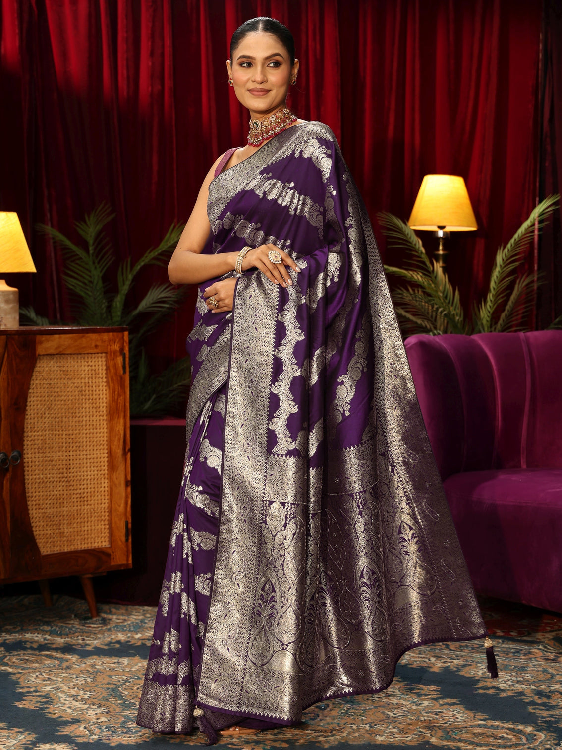 Mameraa Wine Floral Woven Design Silk Blend Saree