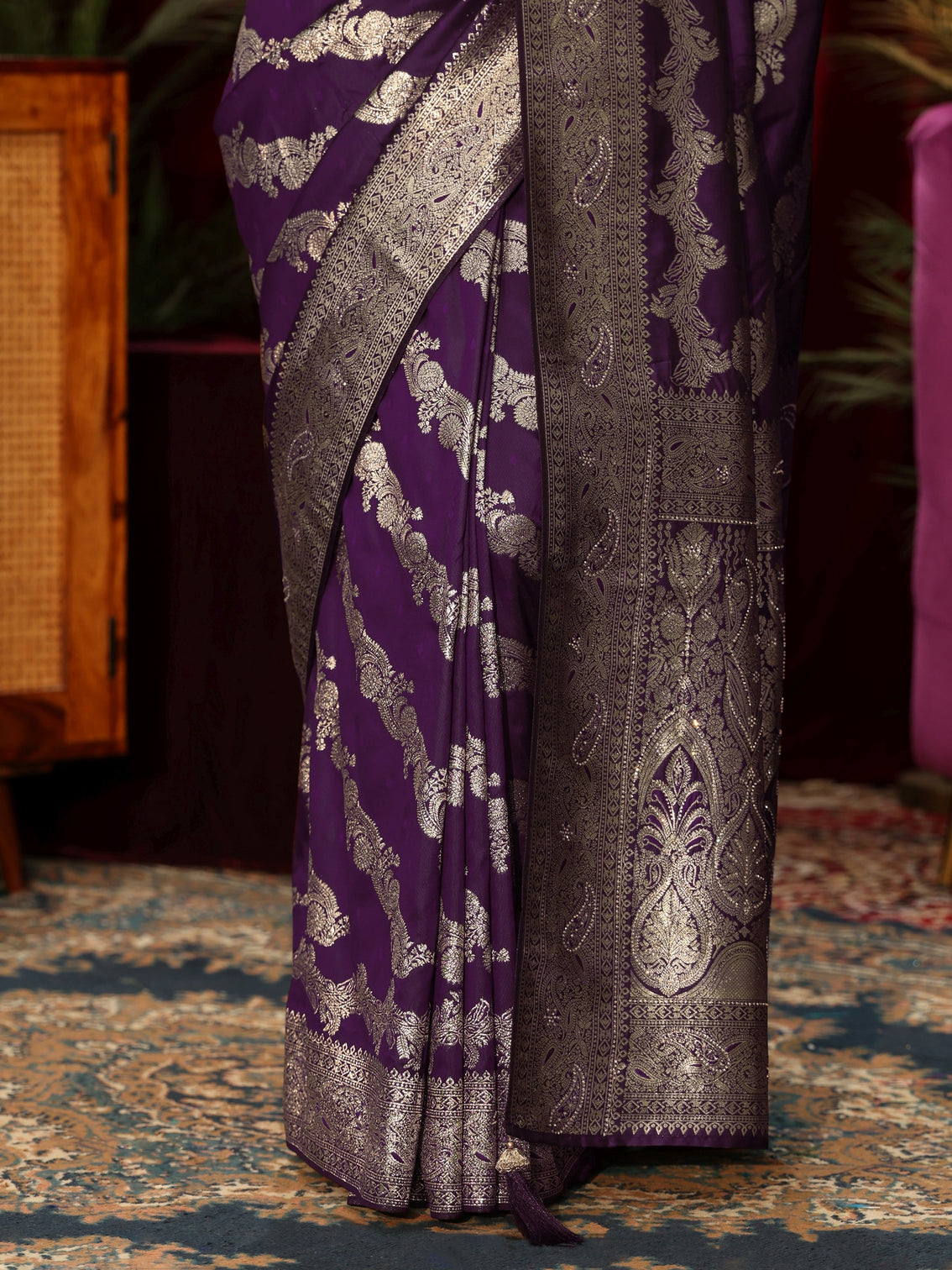 Mameraa Wine Floral Woven Design Silk Blend Saree