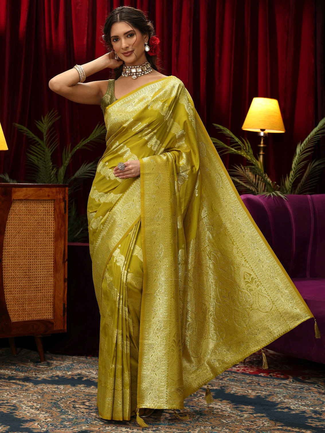 Mameraa Lime Green Floral Woven Design Silk Blend Saree