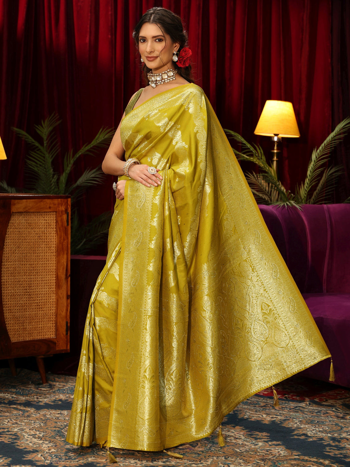 Mameraa Lime Green Floral Woven Design Silk Blend Saree