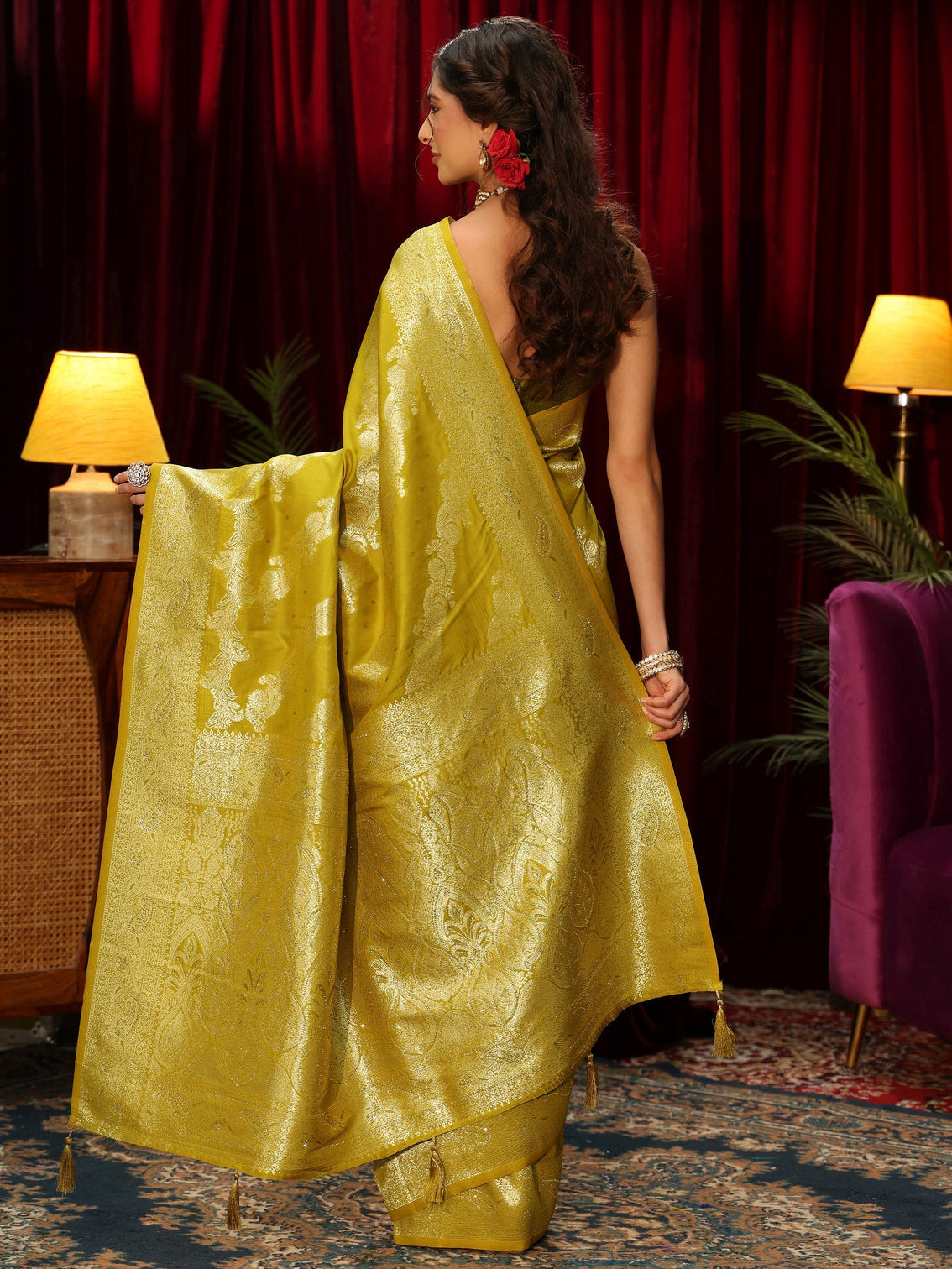 Mameraa Lime Green Floral Woven Design Silk Blend Saree