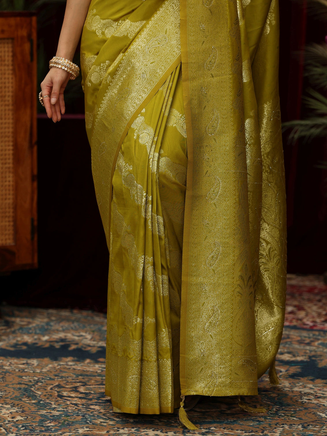 Mameraa Lime Green Floral Woven Design Silk Blend Saree