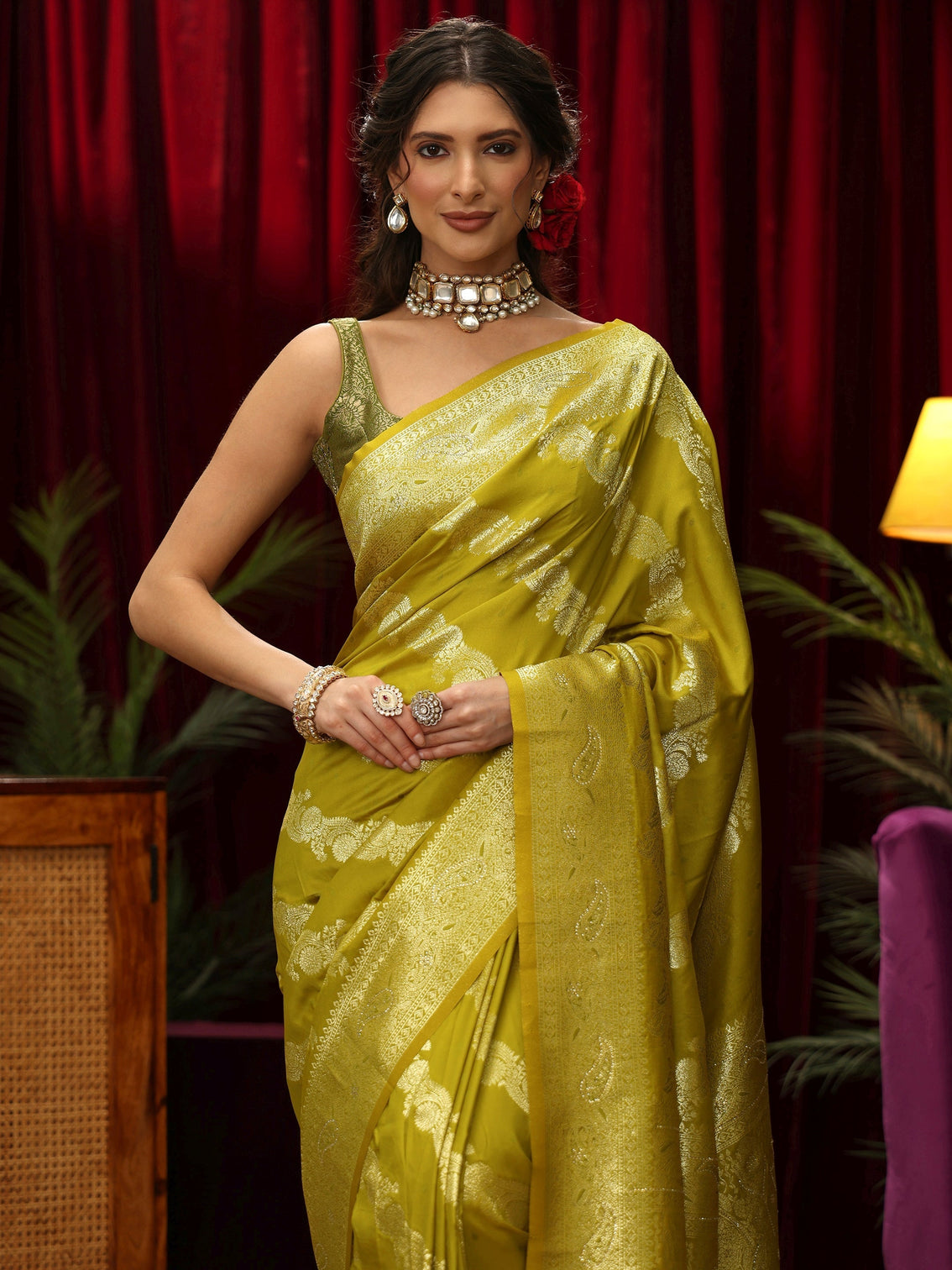Mameraa Lime Green Floral Woven Design Silk Blend Saree