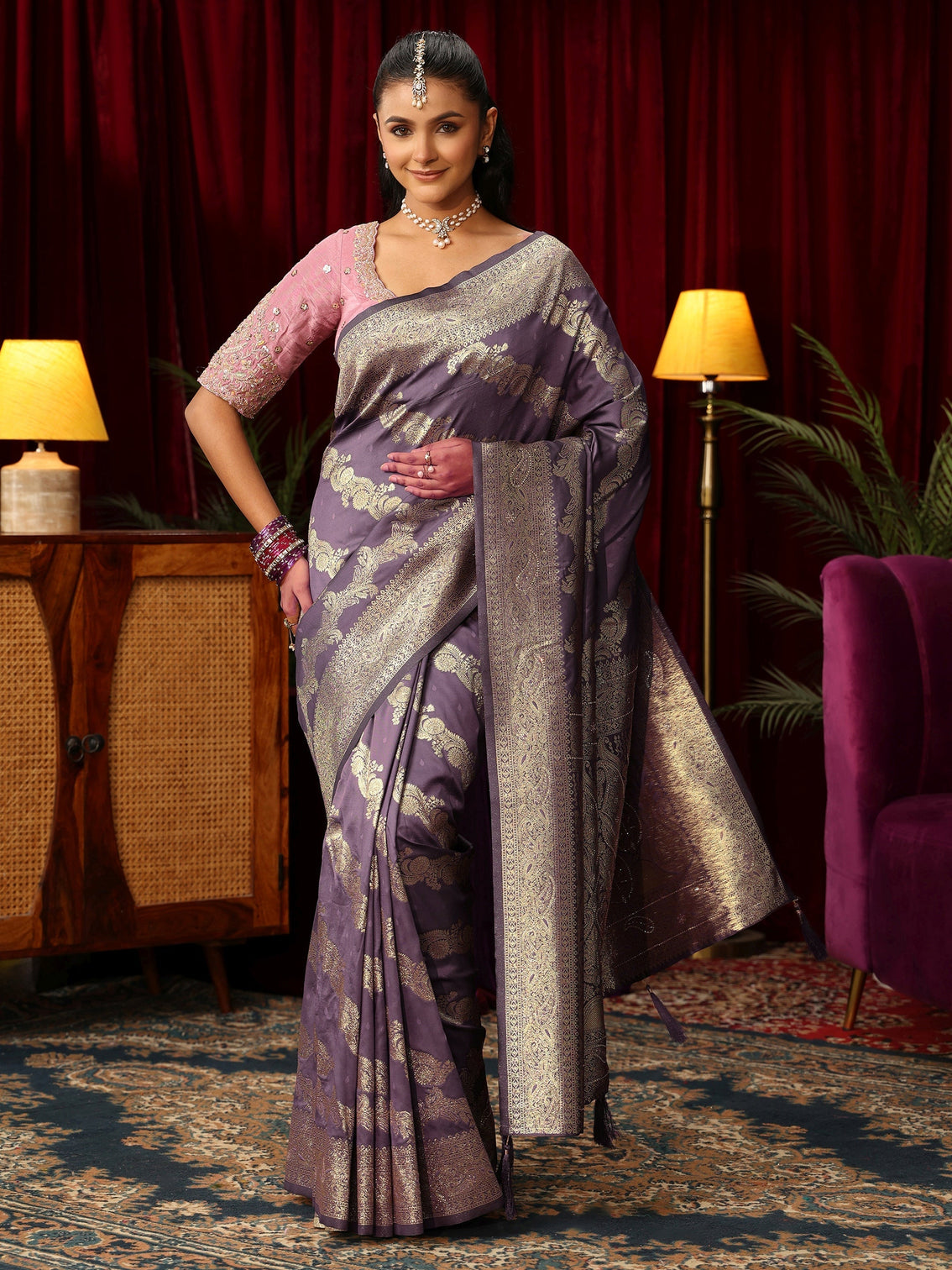 Mameraa Lavender Woven Design Silk Blend Saree