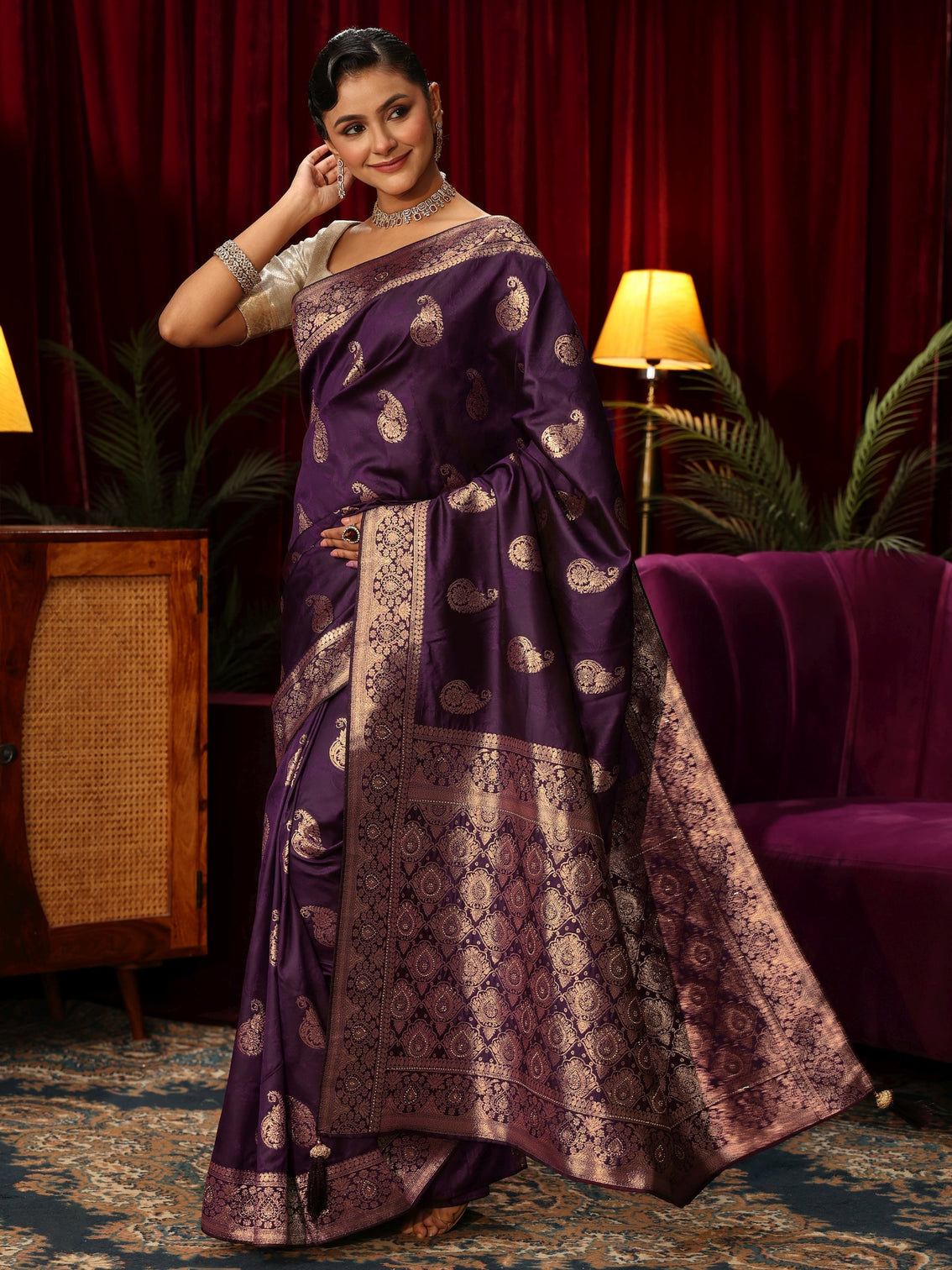 Mameraa Wine Paisley Woven Design Silk Blend Saree