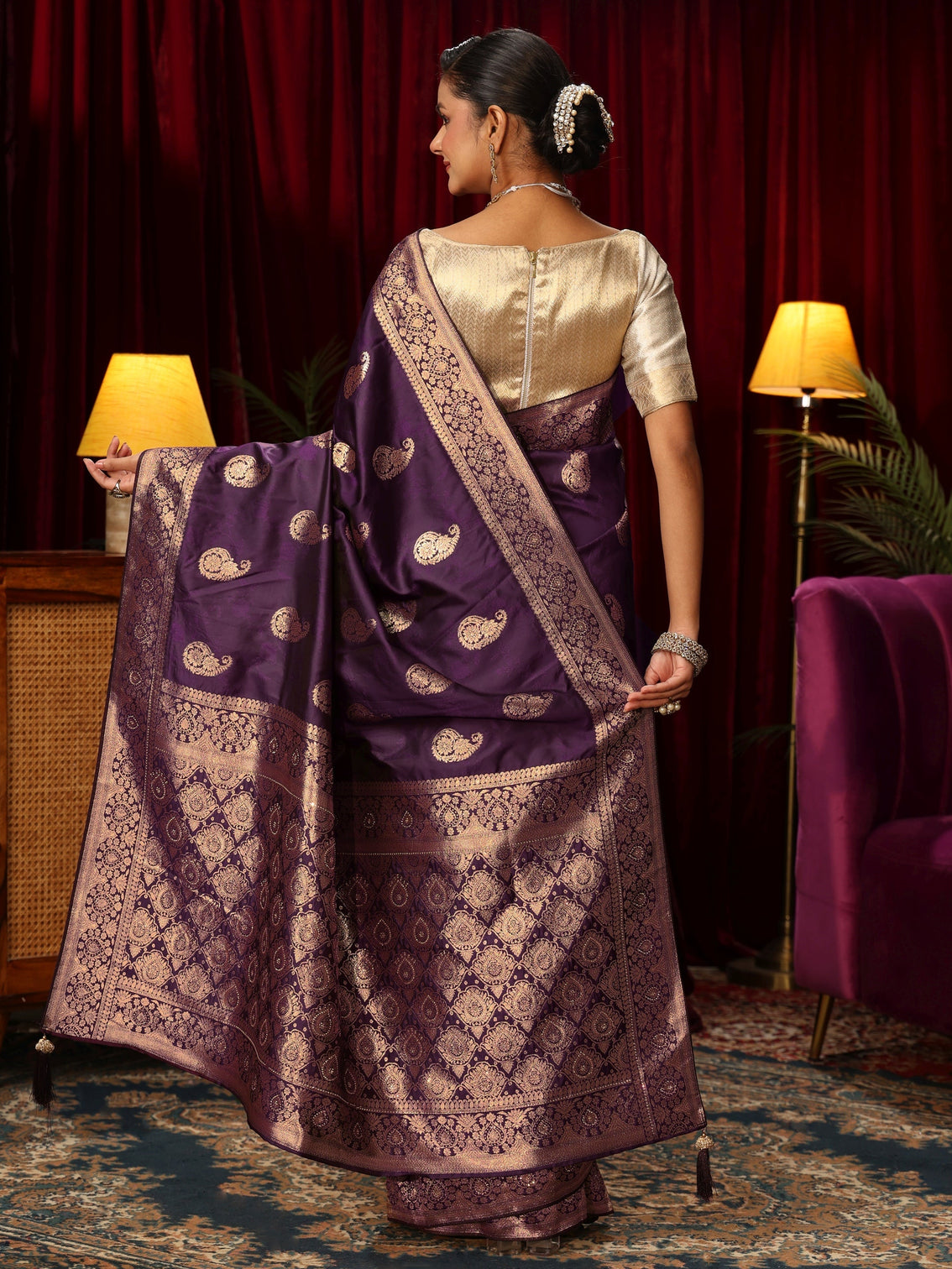 Mameraa Wine Paisley Woven Design Silk Blend Saree