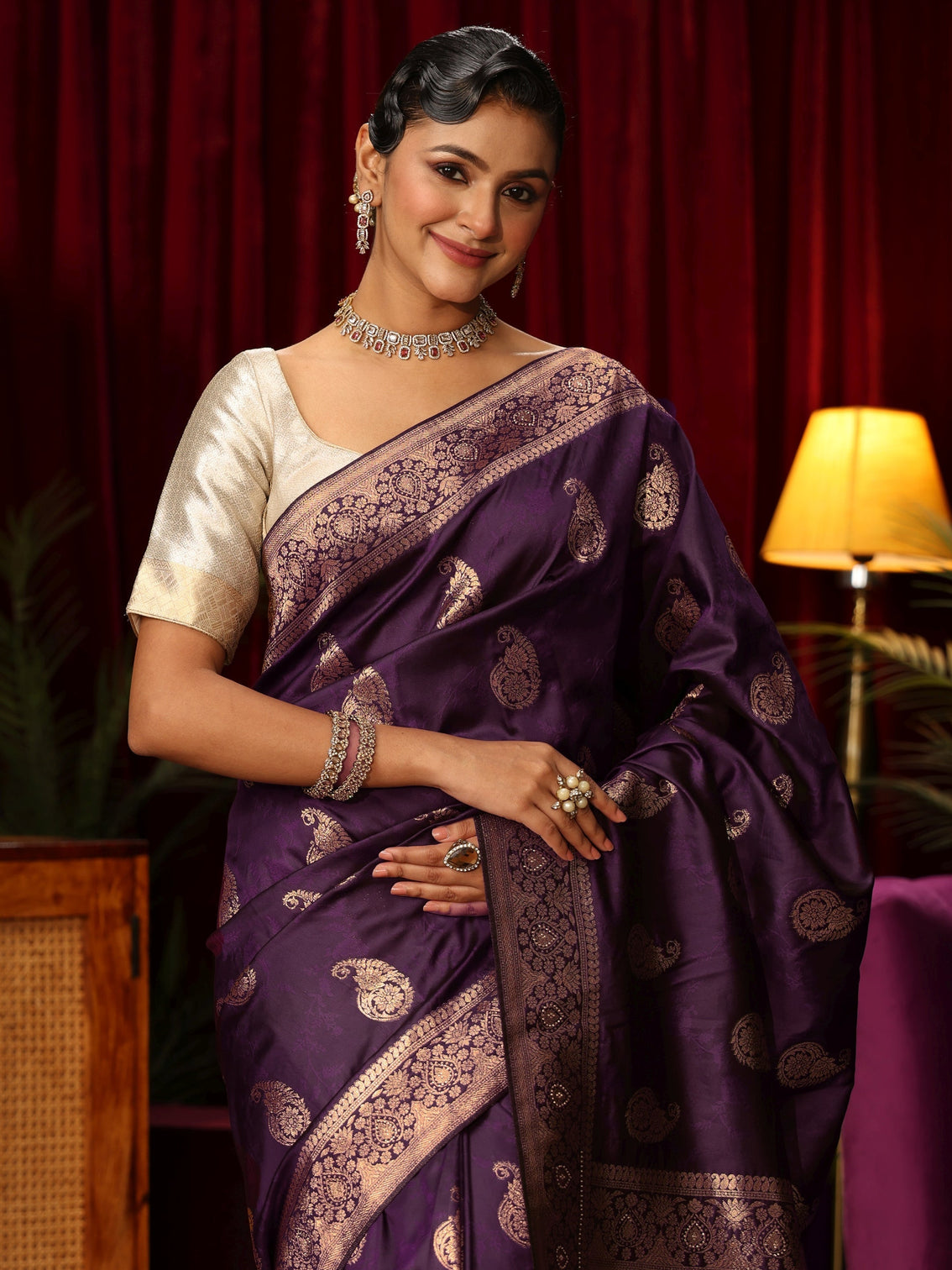 Mameraa Wine Paisley Woven Design Silk Blend Saree
