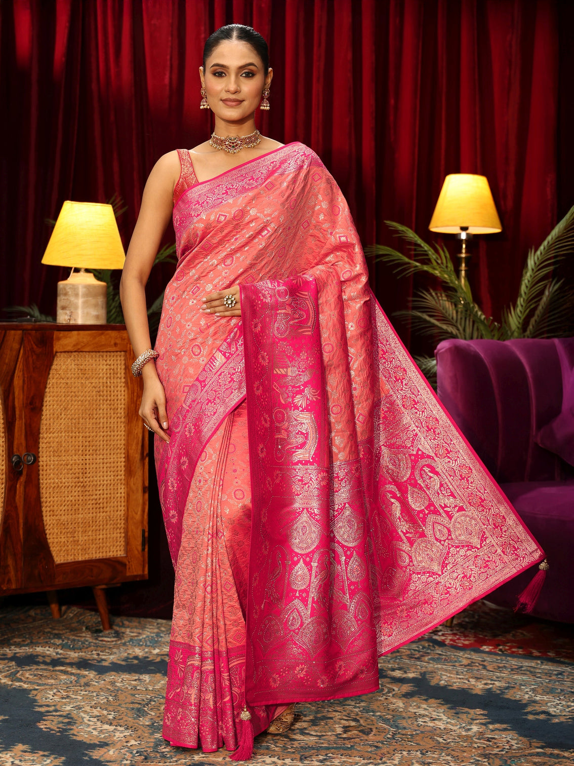 Mameraa Peach Pink Woven Design Silk Blend Saree