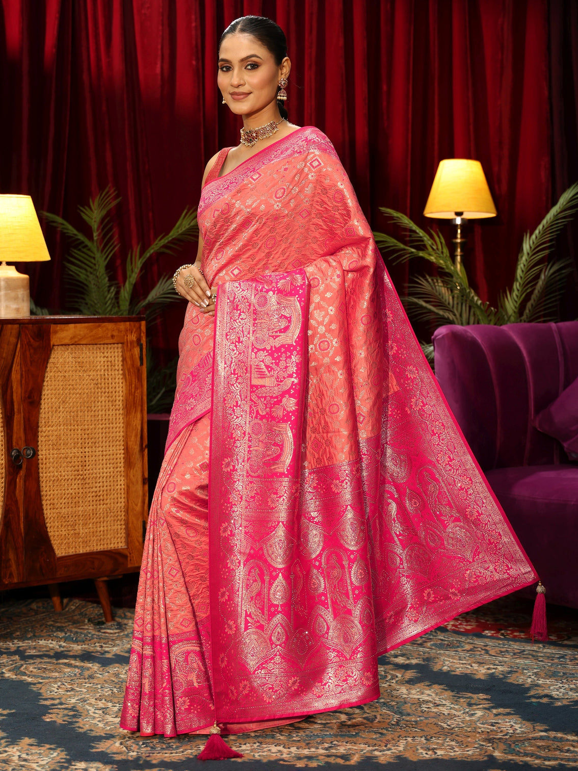 Mameraa Peach Pink Woven Design Silk Blend Saree