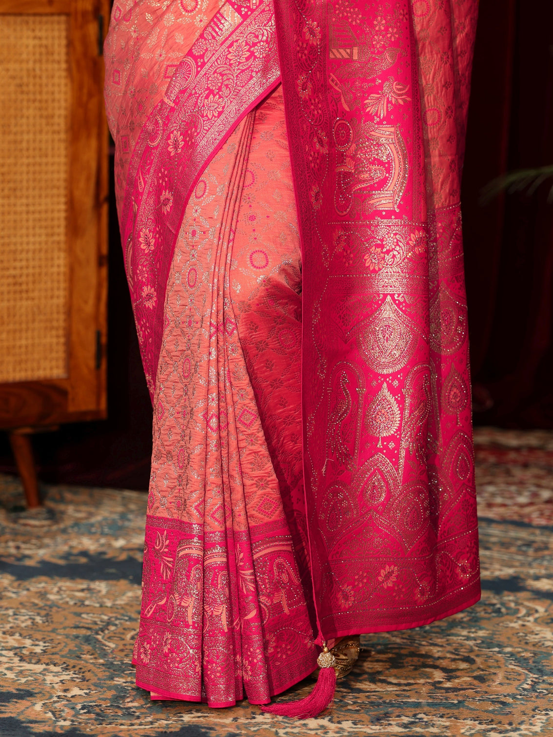 Mameraa Peach Pink Woven Design Silk Blend Saree