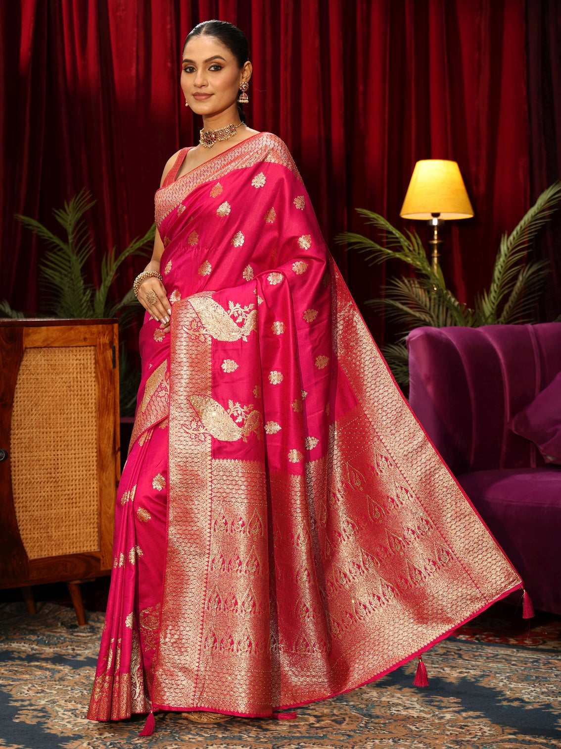 Mameraa Rani Pink Banarasi Silk Blend Saree