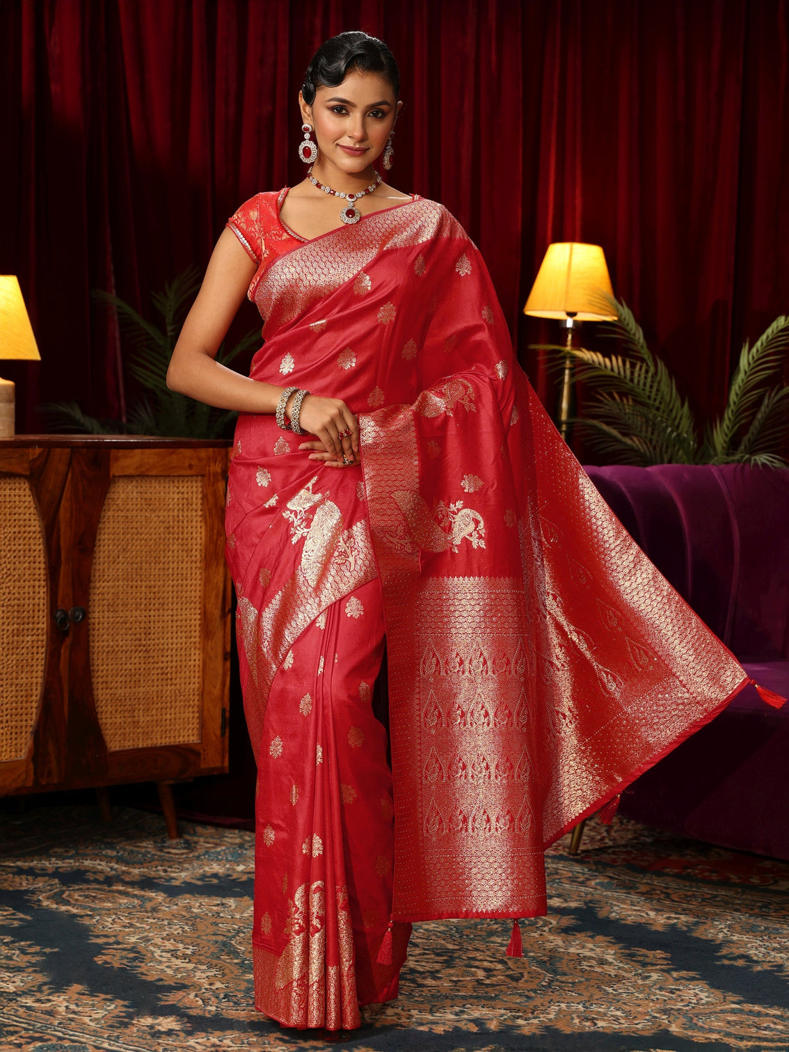 Mameraa Red Peacock Woven Design Silk Blend Saree