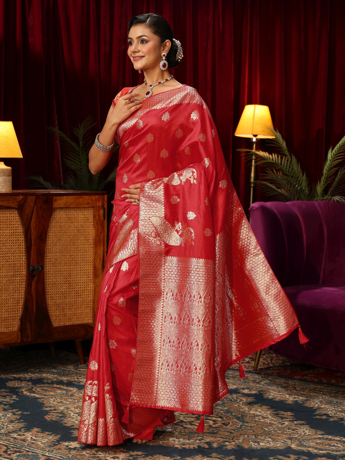 Mameraa Red Peacock Woven Design Silk Blend Saree