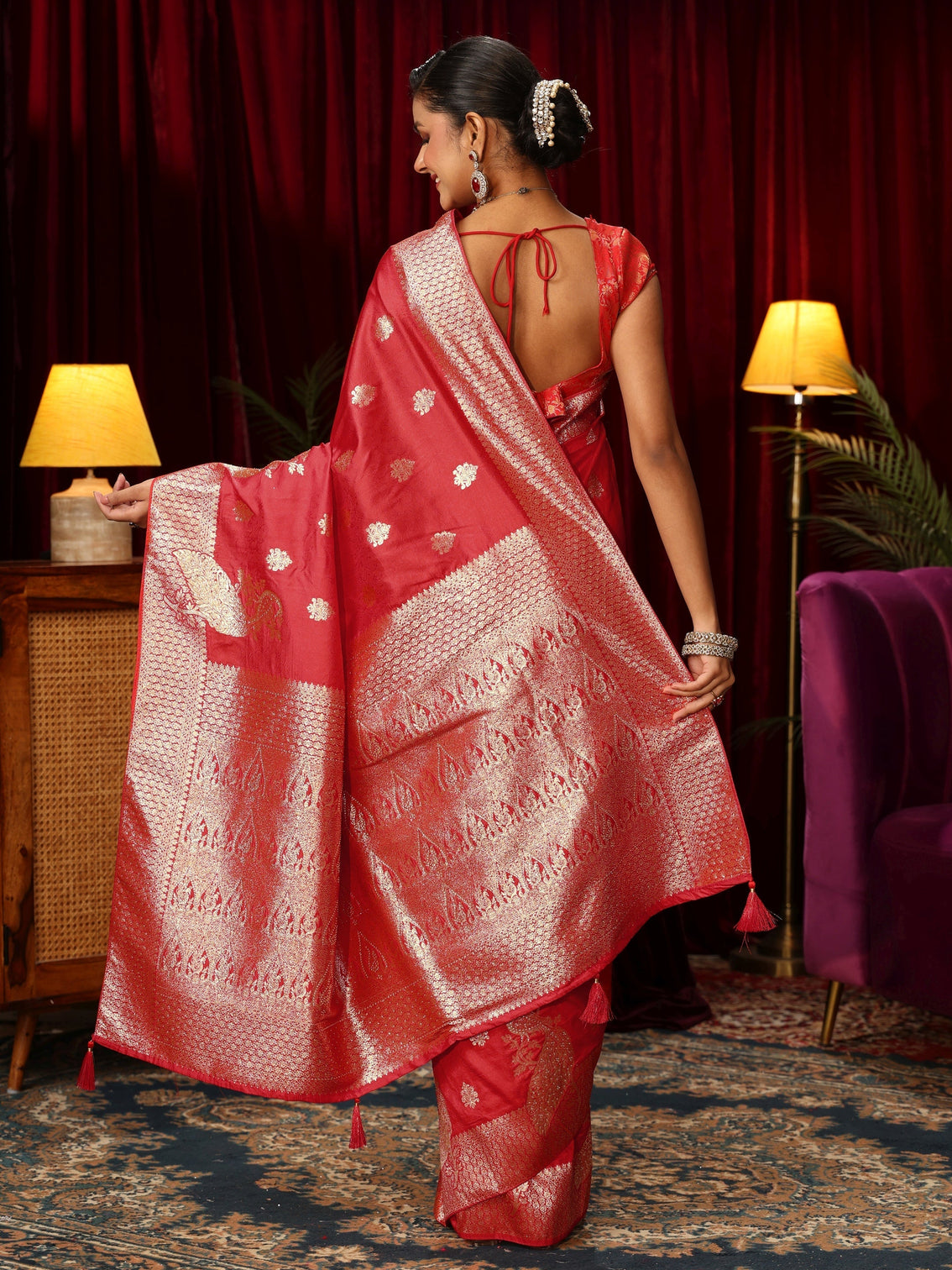 Mameraa Red Peacock Woven Design Silk Blend Saree
