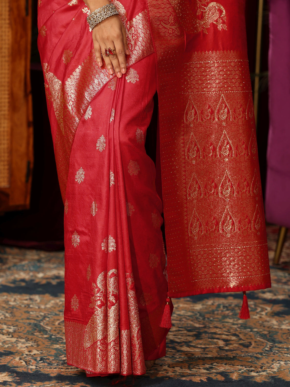 Mameraa Red Peacock Woven Design Silk Blend Saree