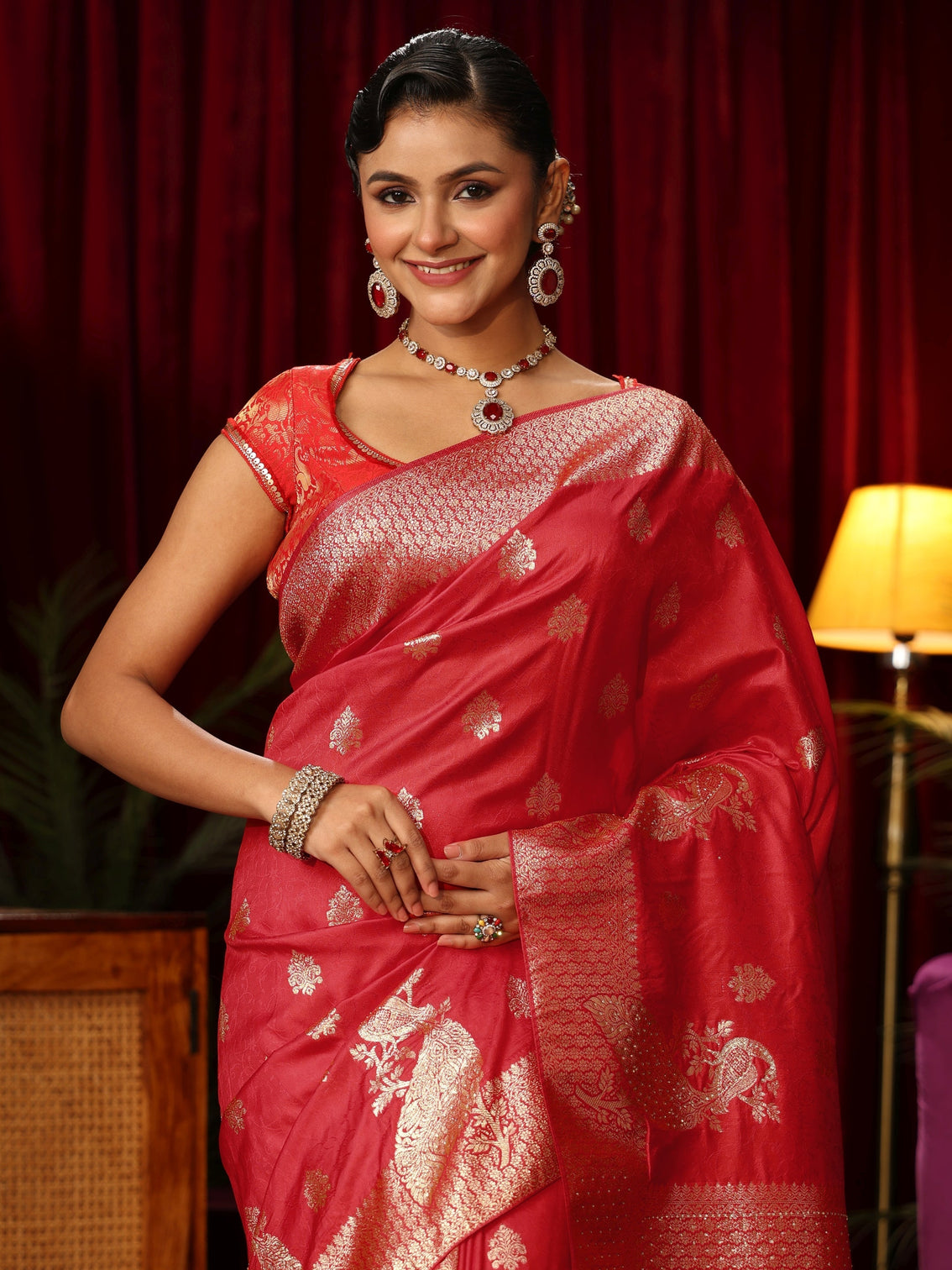 Mameraa Red Peacock Woven Design Silk Blend Saree