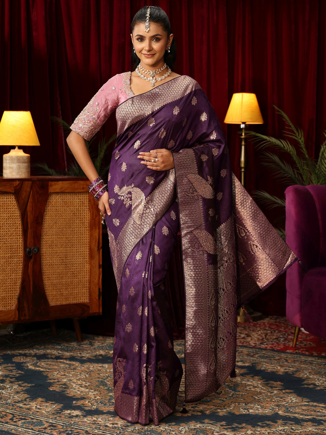 Mameraa Royal Purple Peacock Woven Design Silk Blend Saree