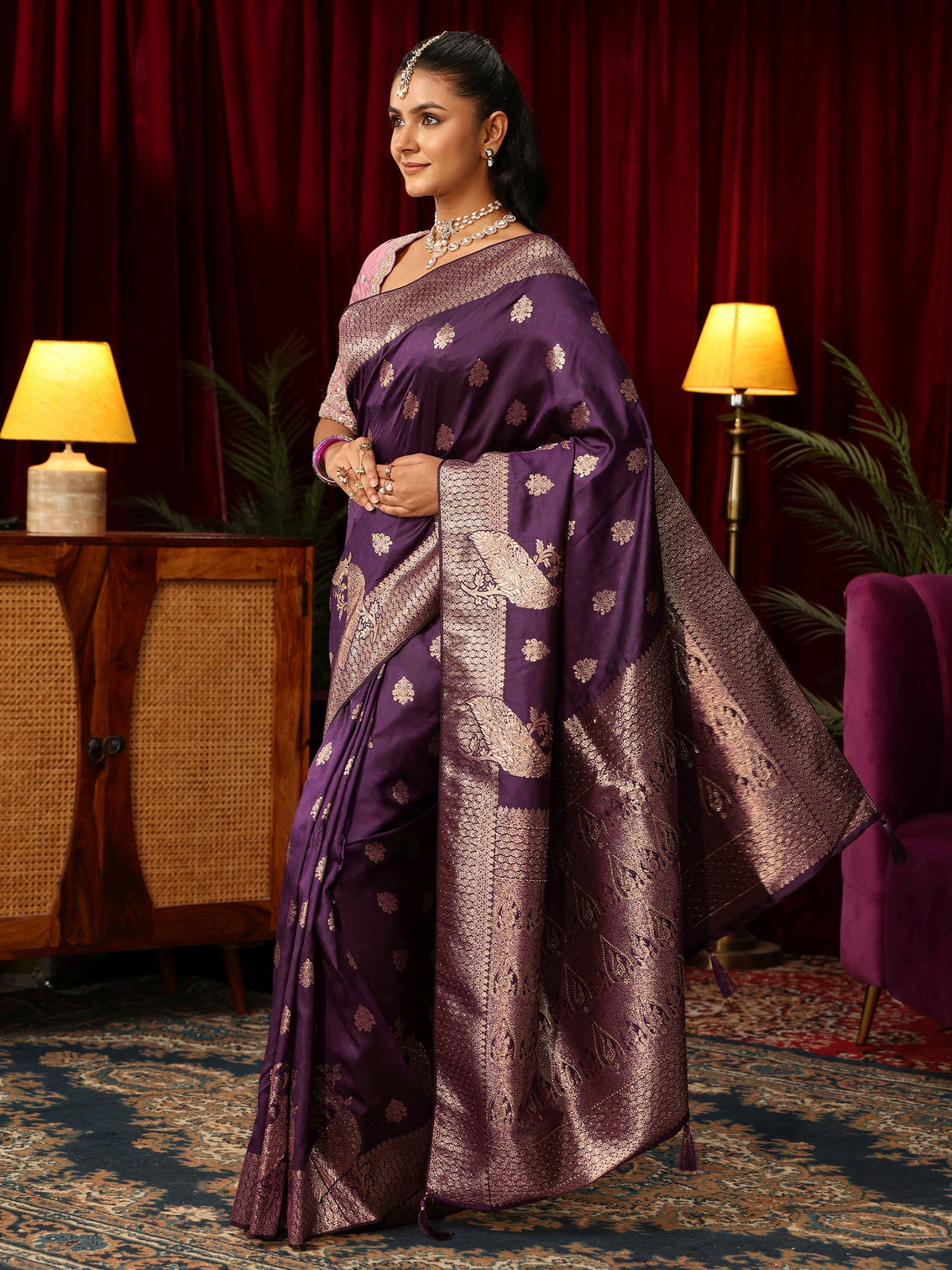 Mameraa Royal Purple Peacock Woven Design Silk Blend Saree