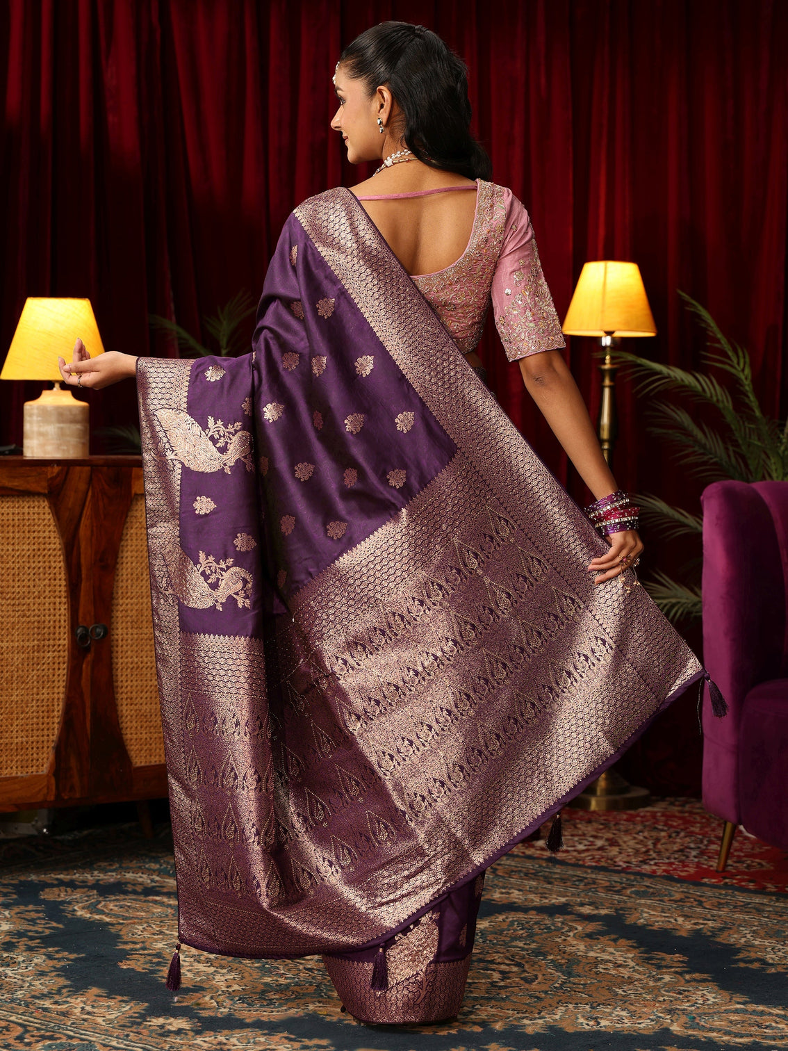 Mameraa Royal Purple Peacock Woven Design Silk Blend Saree