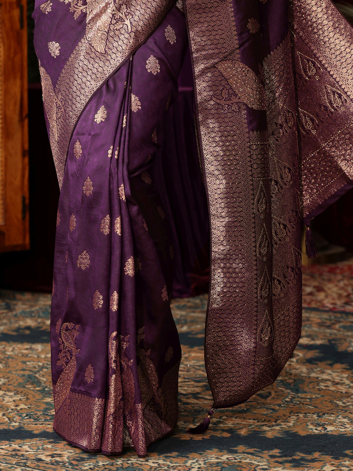 Mameraa Royal Purple Peacock Woven Design Silk Blend Saree
