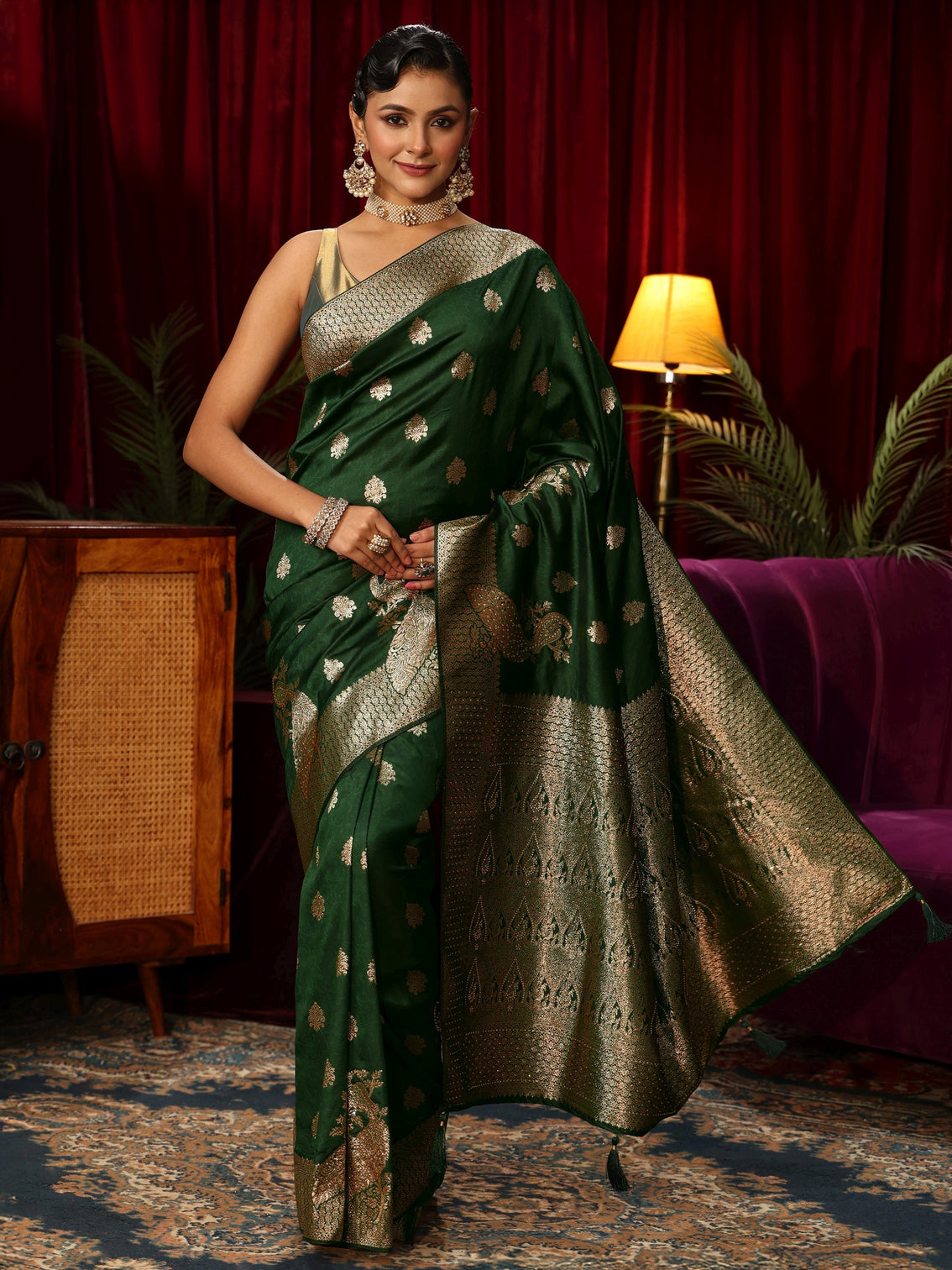 Mameraa Emerald Green Peacock Woven Design Silk Blend Saree