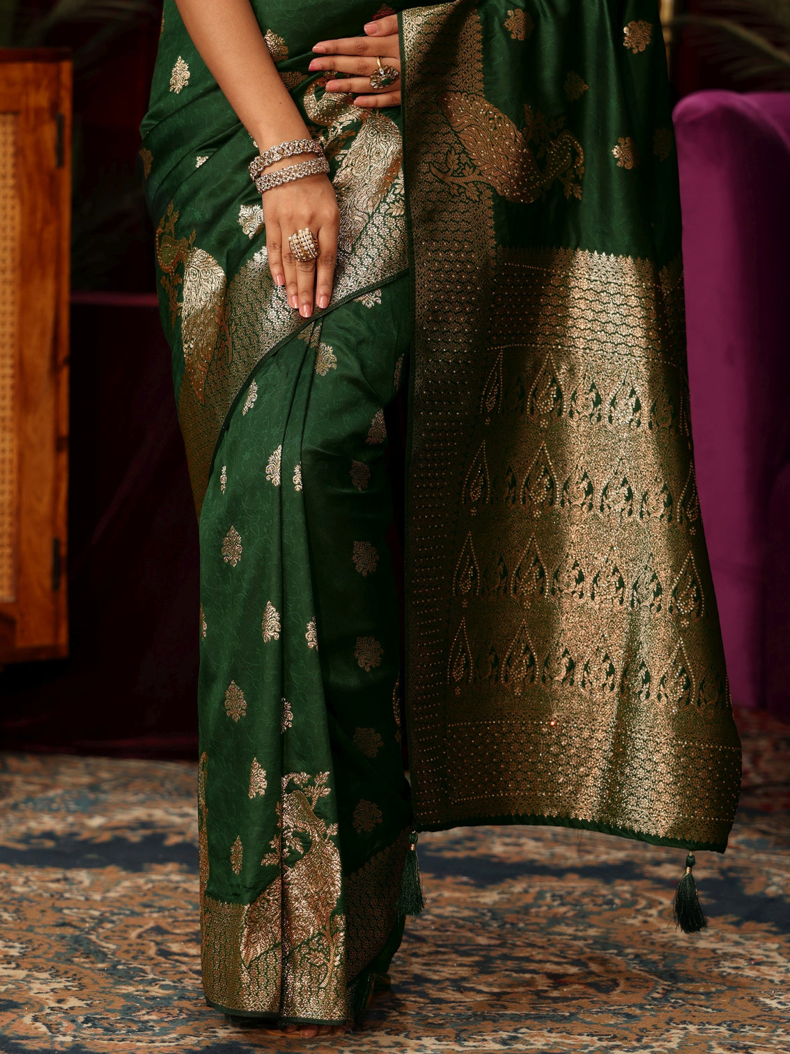 Mameraa Emerald Green Peacock Woven Design Silk Blend Saree
