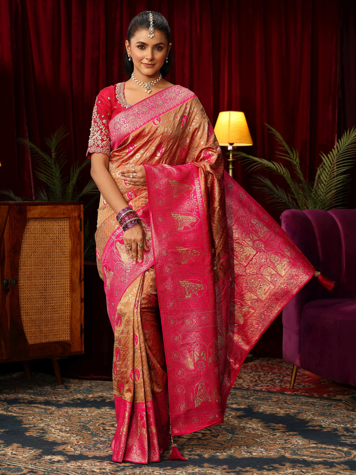 Mameraa Caramel Orange and Pink Woven Design Silk Blend Saree