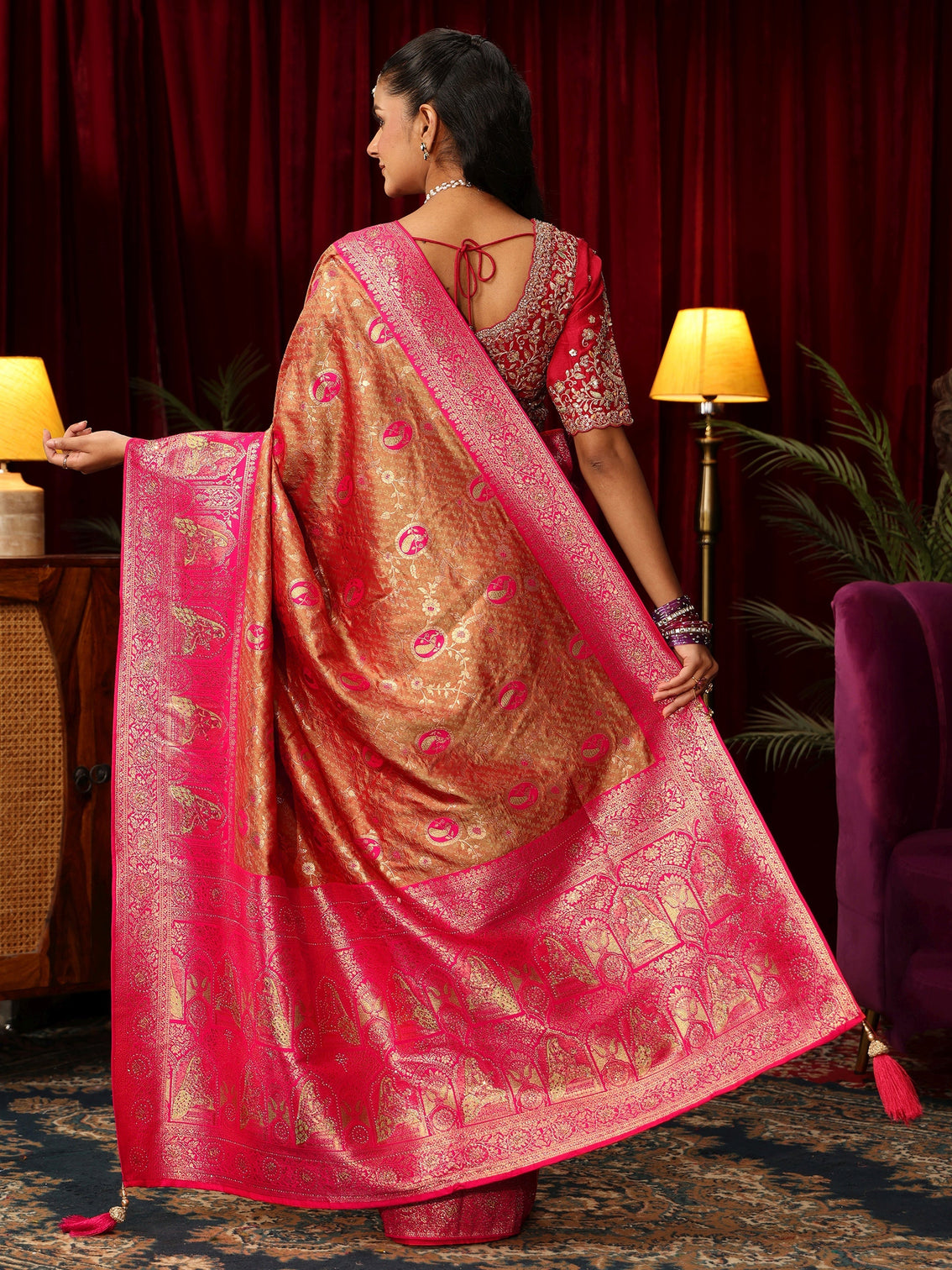 Mameraa Caramel Orange and Pink Woven Design Silk Blend Saree