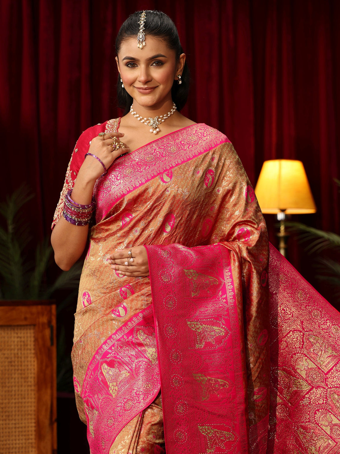 Mameraa Caramel Orange and Pink Woven Design Silk Blend Saree
