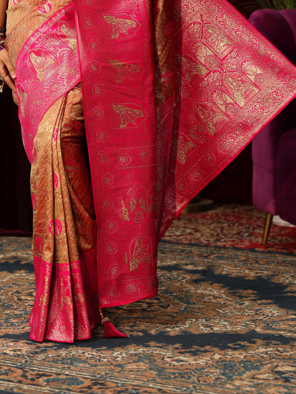 Mameraa Caramel Orange and Pink Woven Design Silk Blend Saree