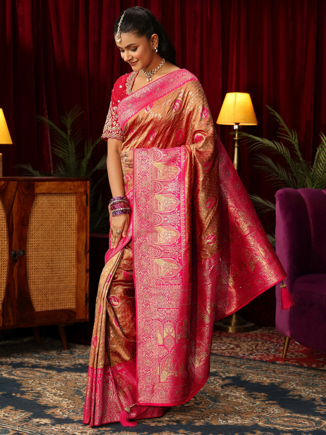 Mameraa Caramel Orange and Pink Woven Design Silk Blend Saree