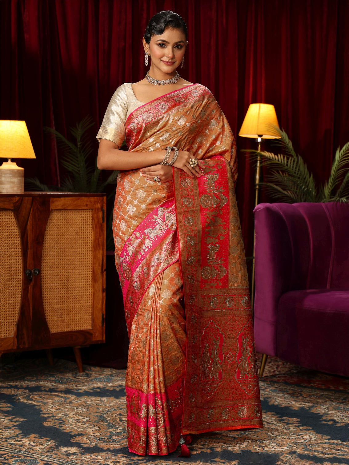 Mameraa Peach and Pink Mughal Motif Woven Design Silk Blend Saree