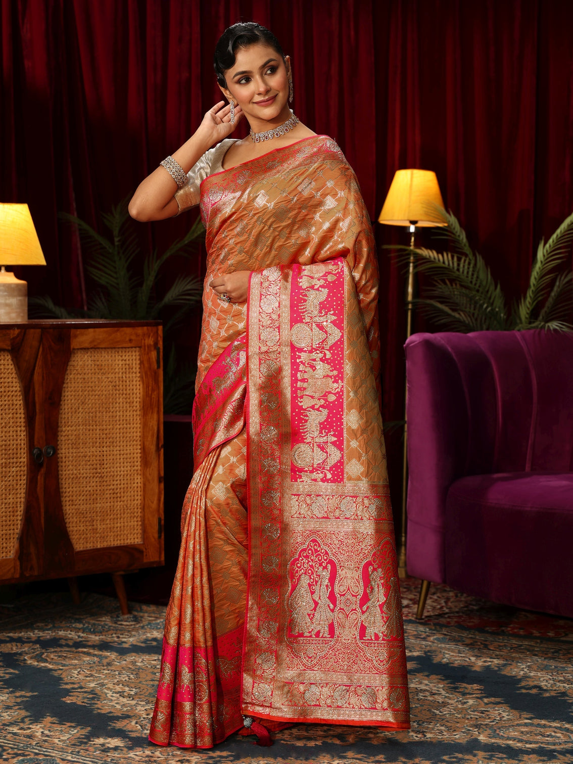 Mameraa Peach and Pink Mughal Motif Woven Design Silk Blend Saree