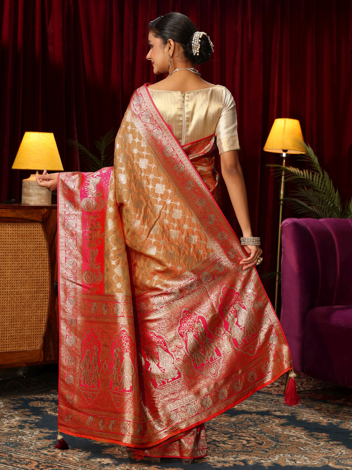 Mameraa Peach and Pink Mughal Motif Woven Design Silk Blend Saree