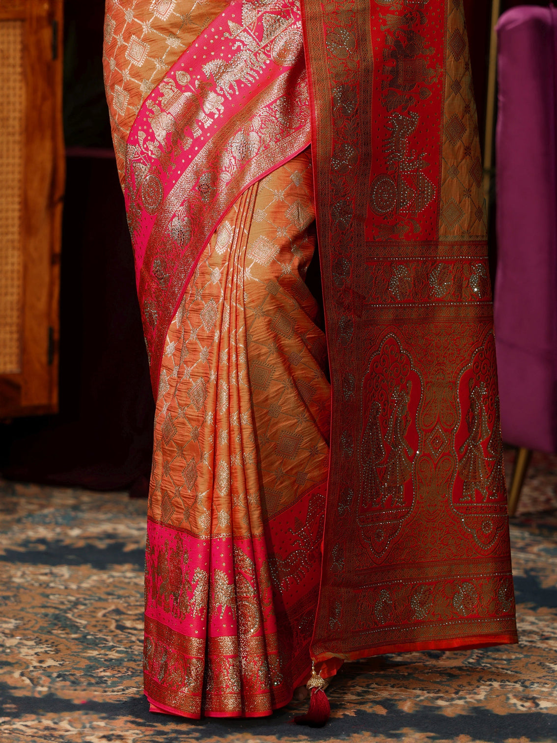 Mameraa Peach and Pink Mughal Motif Woven Design Silk Blend Saree