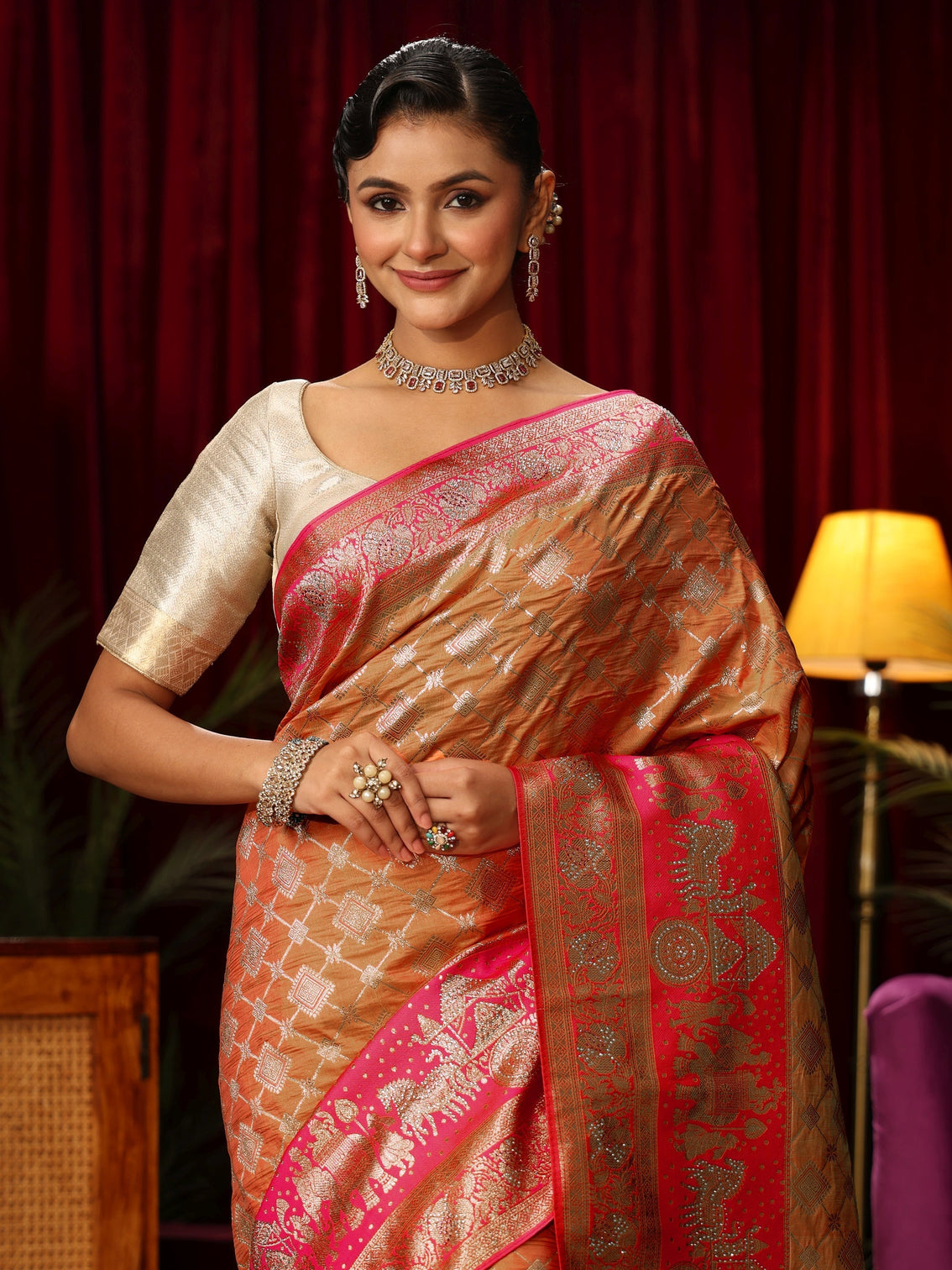 Mameraa Peach and Pink Mughal Motif Woven Design Silk Blend Saree