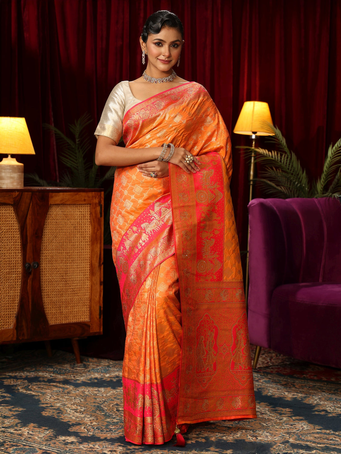 Mameraa Orange and Pink Mughal Motif Woven Design Silk Blend Saree