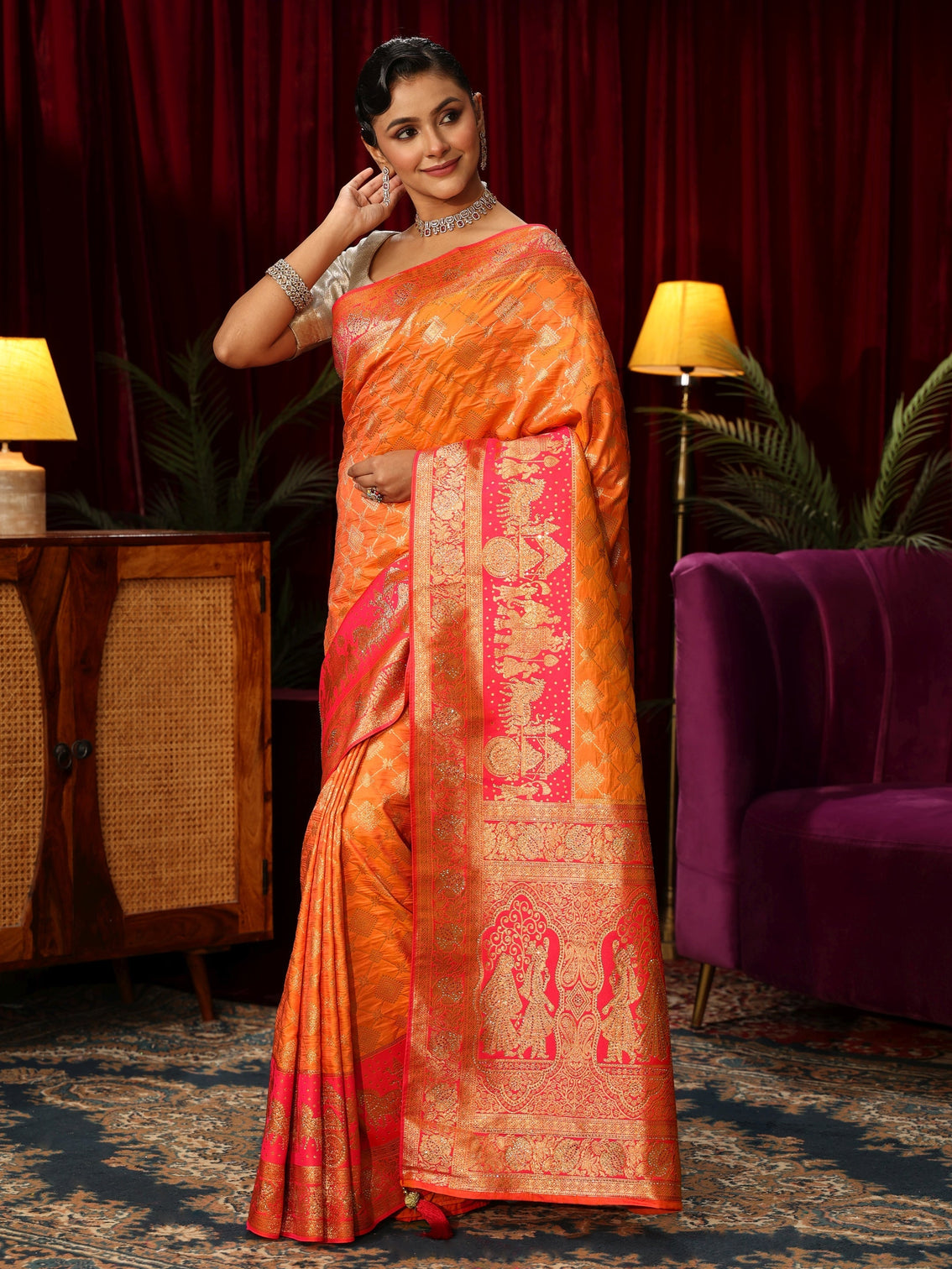 Mameraa Orange and Pink Mughal Motif Woven Design Silk Blend Saree