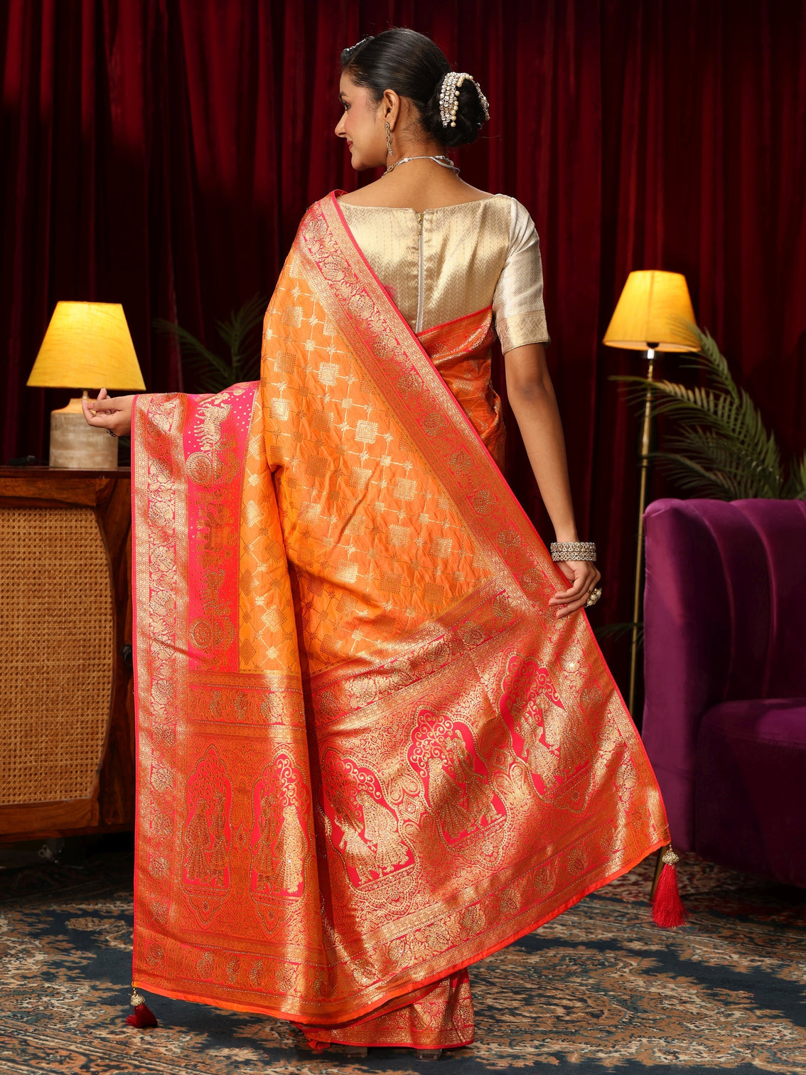 Mameraa Orange and Pink Mughal Motif Woven Design Silk Blend Saree