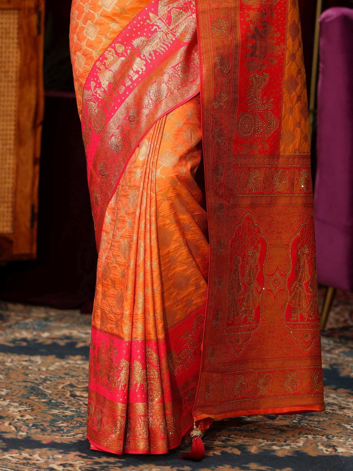 Mameraa Orange and Pink Mughal Motif Woven Design Silk Blend Saree