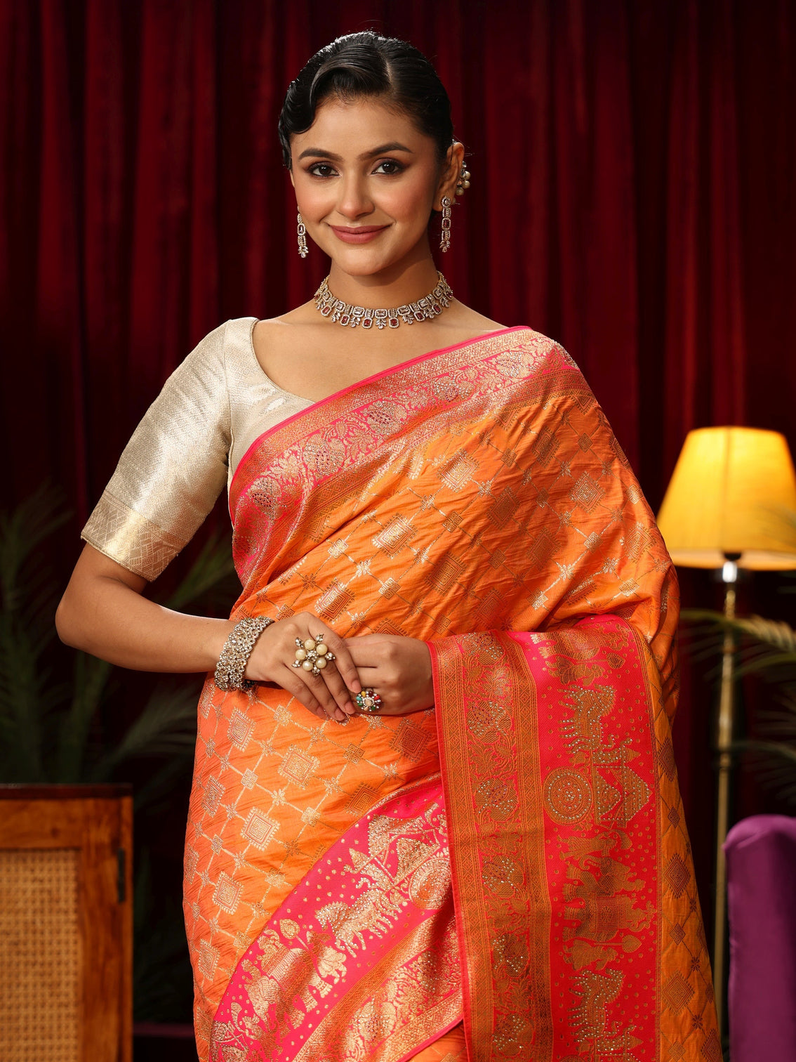 Mameraa Orange and Pink Mughal Motif Woven Design Silk Blend Saree