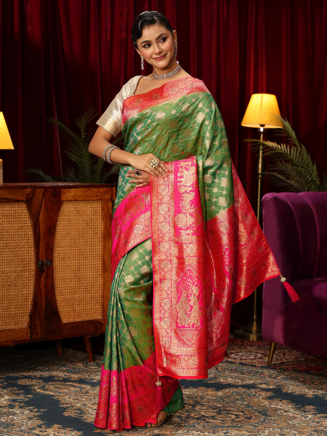 Mameraa Green and Pink Mughal Motif Woven Design Silk Blend Saree