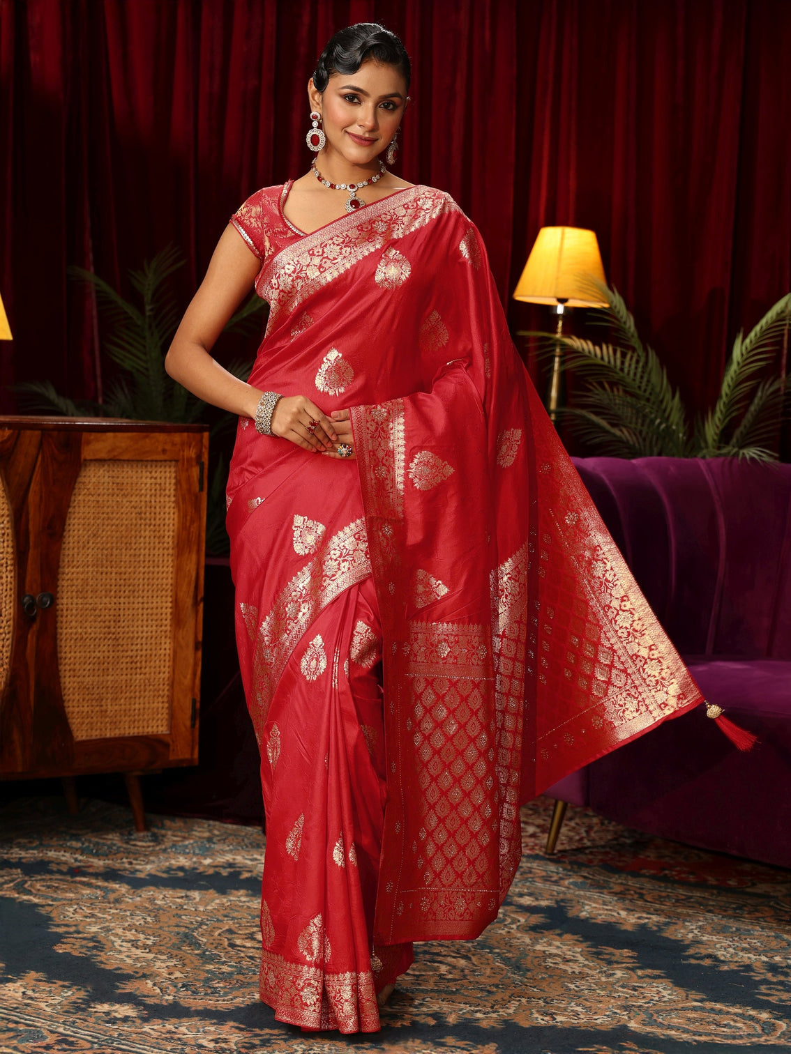 Mameraa Vermillion Red Woven Design Embellished Silk Blend Saree