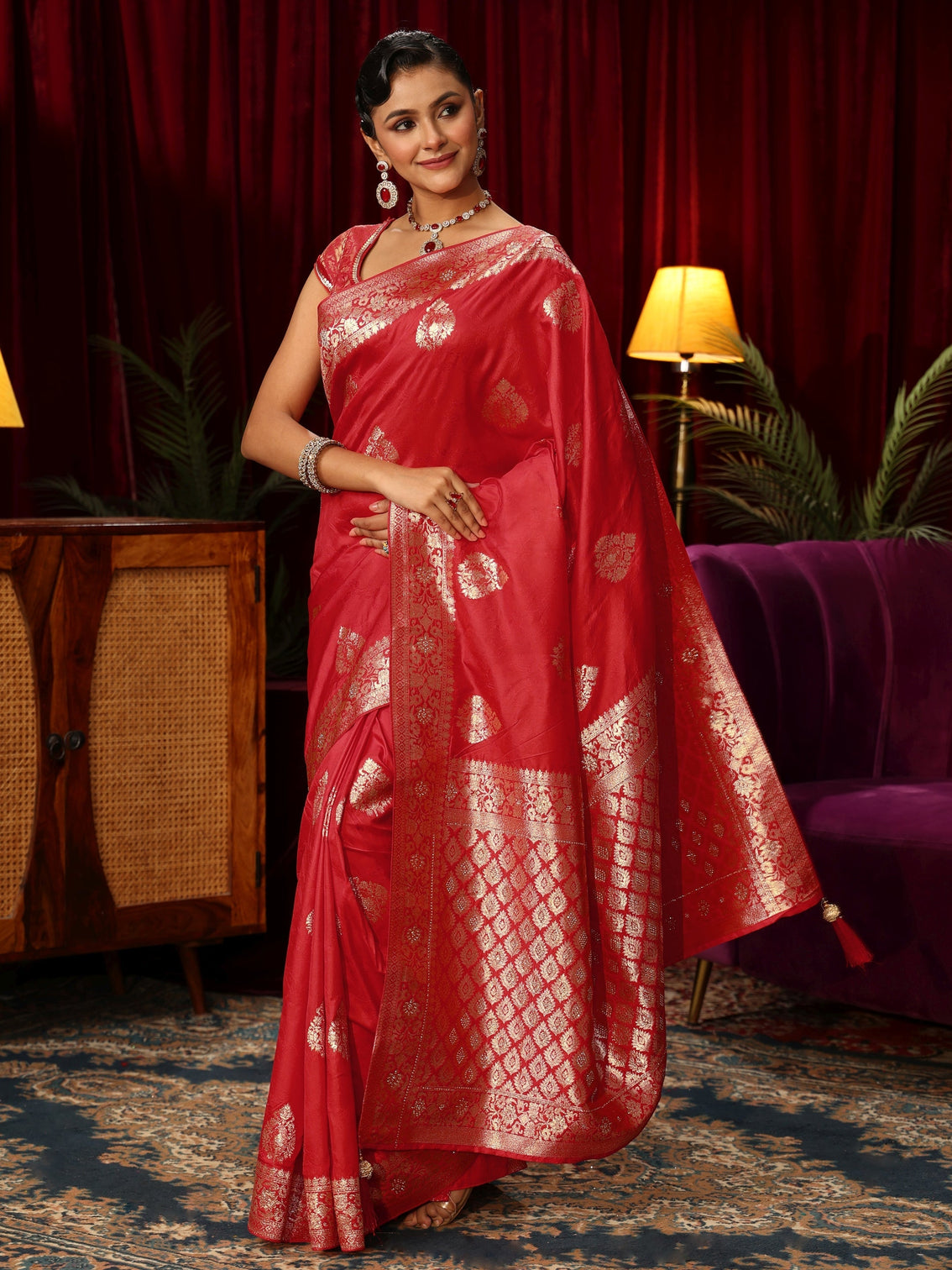 Mameraa Vermillion Red Woven Design Embellished Silk Blend Saree