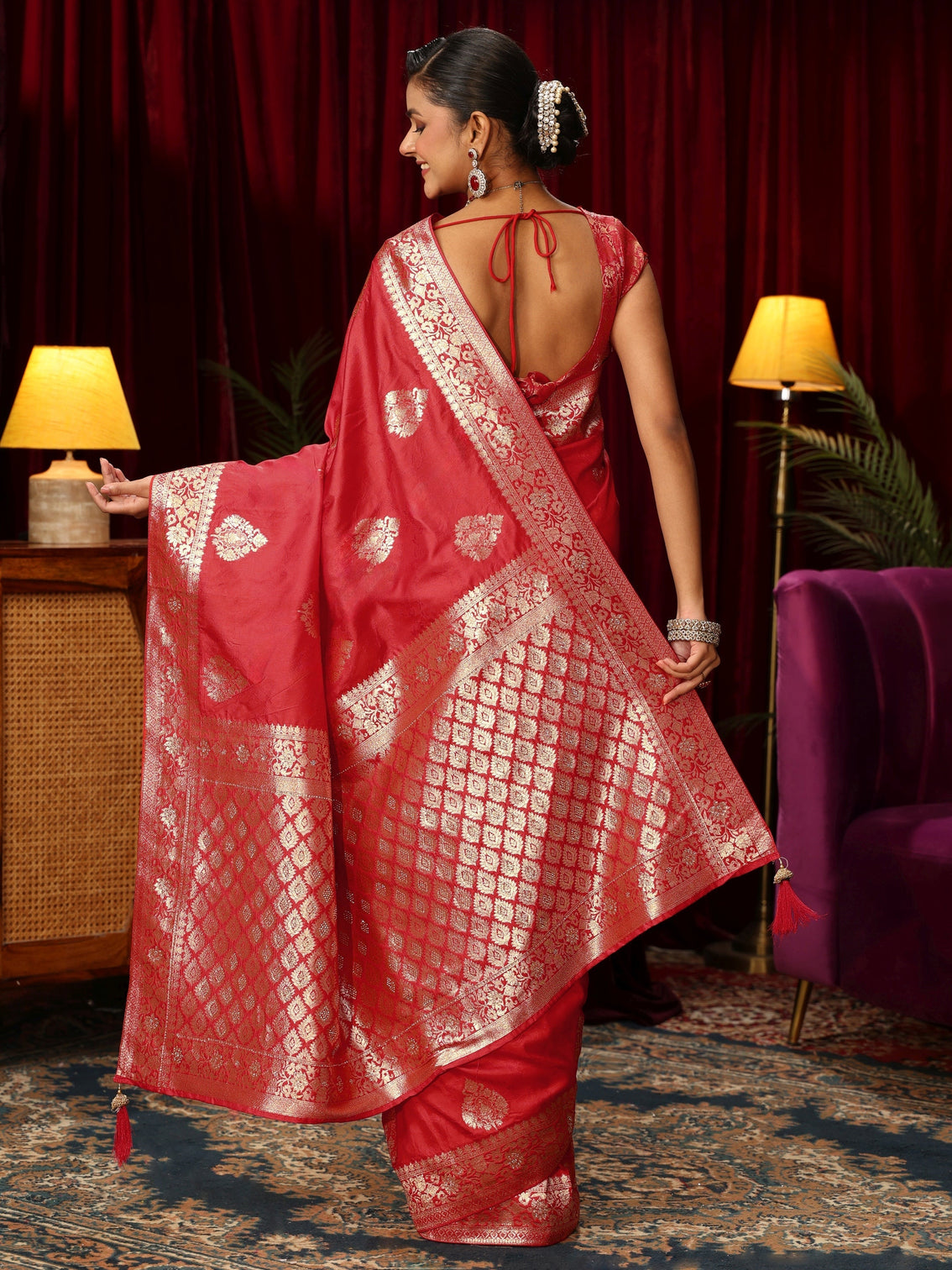Mameraa Vermillion Red Woven Design Embellished Silk Blend Saree
