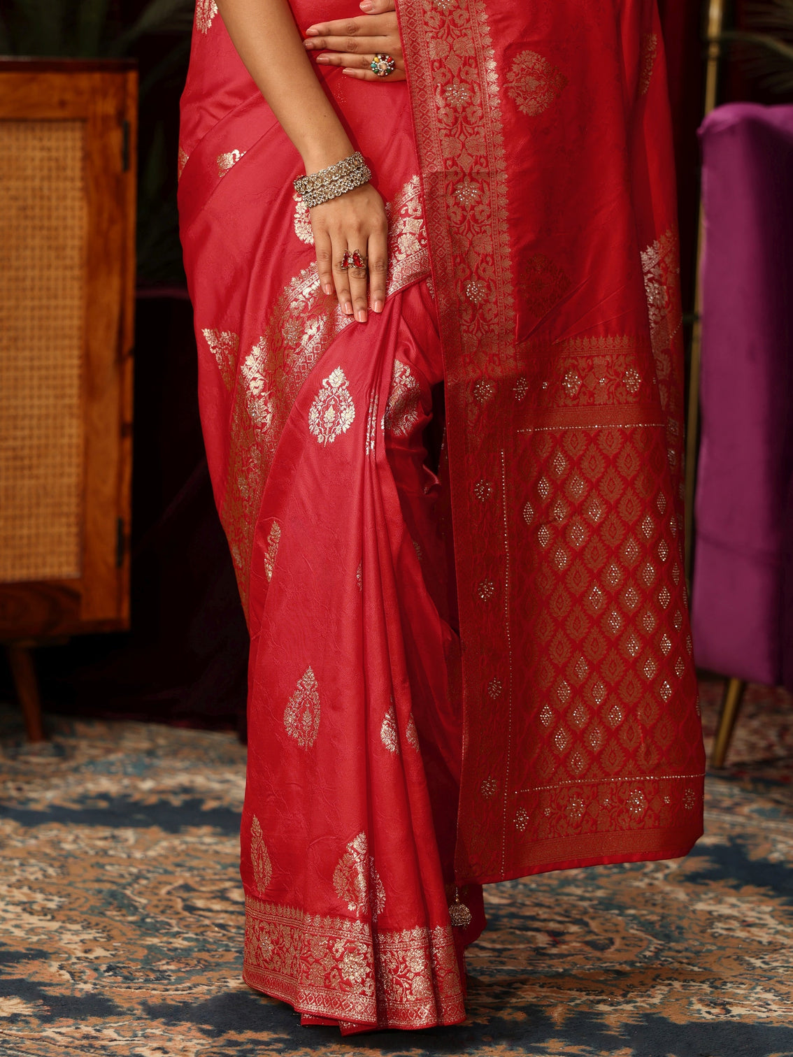Mameraa Vermillion Red Woven Design Embellished Silk Blend Saree