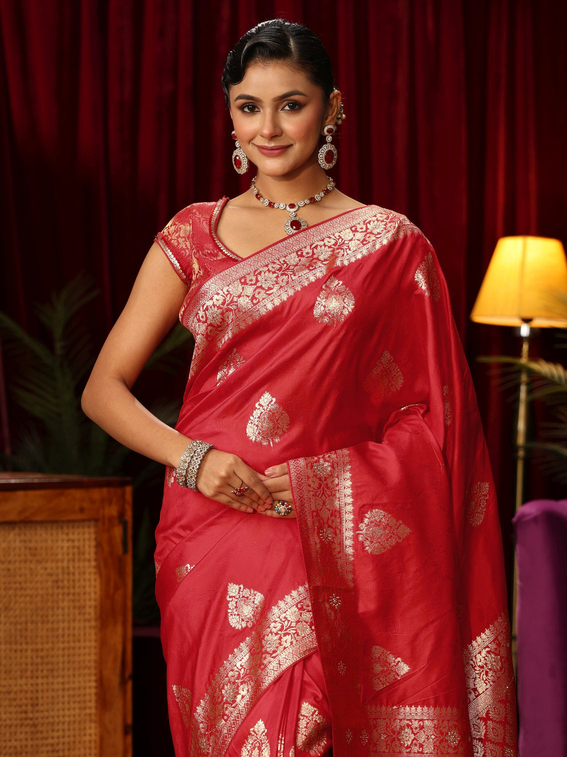 Mameraa Vermillion Red Woven Design Embellished Silk Blend Saree